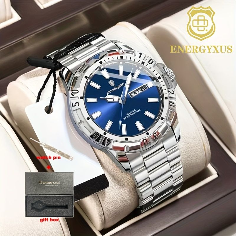 Men'S Watch Stainless Steel Watch Blue Dial Watch Water-Resistant Watch - 959Silver Blue - Size 01