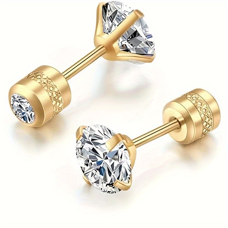 White Synthetic Diamond Earrings Embossed Floral Pattern Stud Earrings - Gold - Size 01