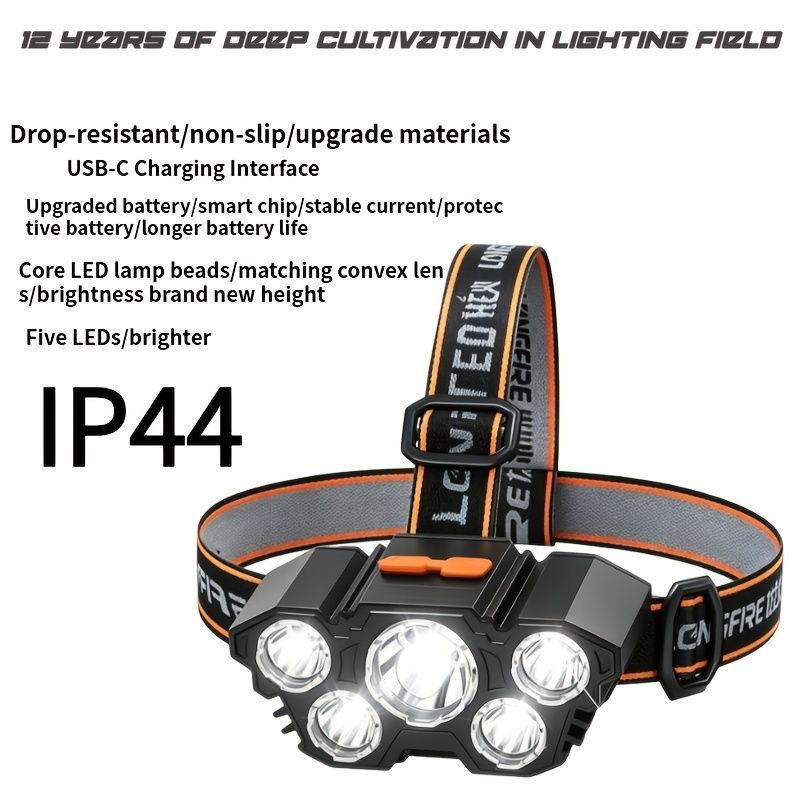 5LED Headlamp Rechargeable Headlamp USB Charging Headlamp Outdoor Headlamp Work - Black - Size 01