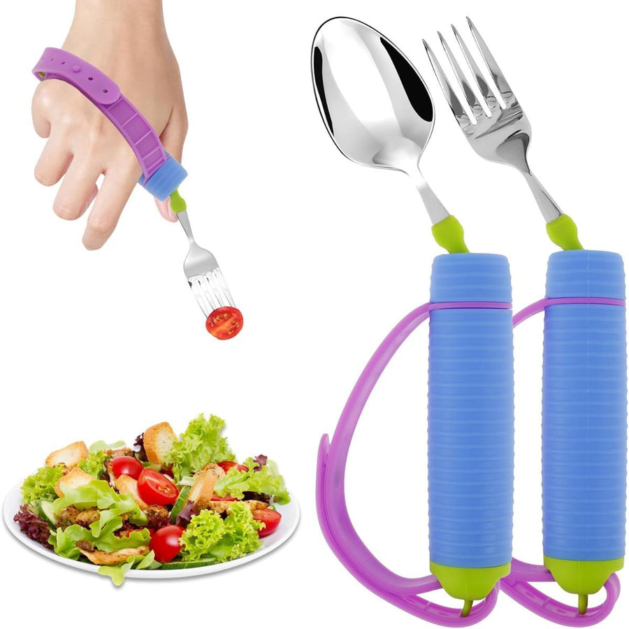 Adaptive Utensils for Disability, 360°Gadgets Swivel Fork Spoon with Adjustable Silicone Strap for Weak Hand Grip & Handicapped & Parkinsons Travel Eating Utensils for Disabled, Elderly - Blue / 2 Pack