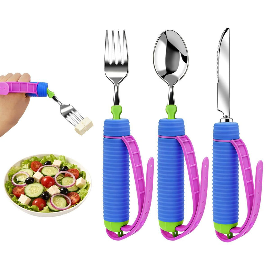 Adaptive Utensils for Disability, 360°Gadgets Swivel Fork Spoon with Adjustable Silicone Strap for Weak Hand Grip & Handicapped & Parkinsons Travel Eating Utensils for Disabled, Elderly - Blue / 3 Pack