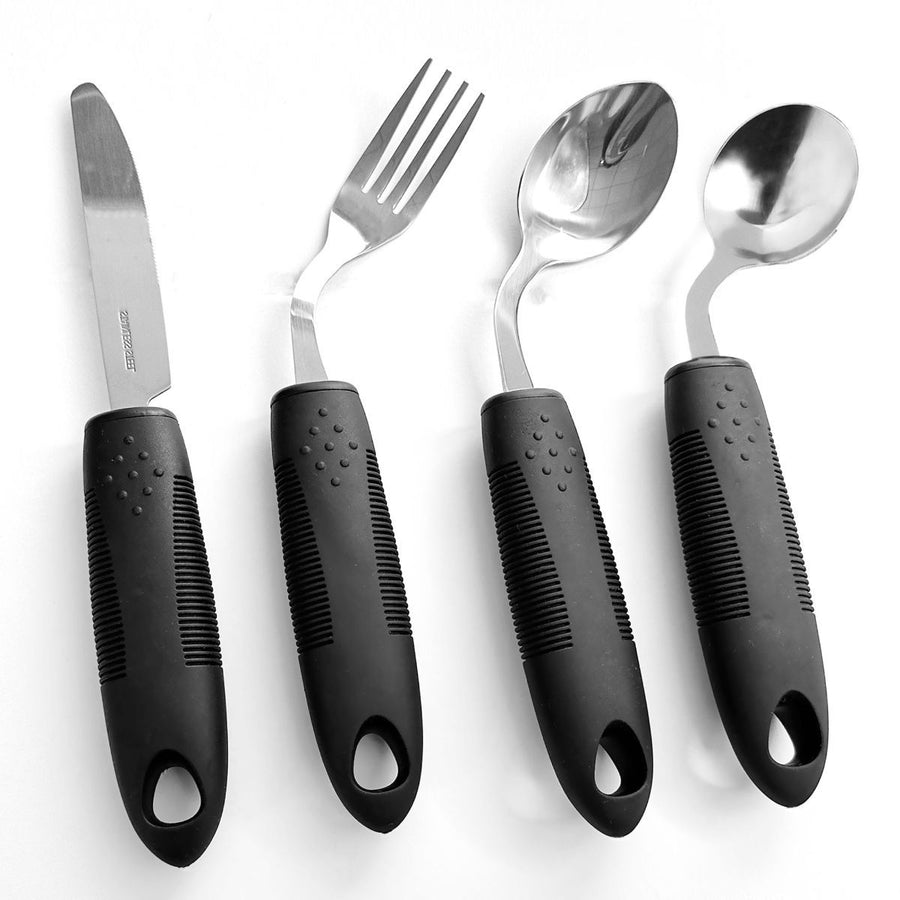 Weighted Adaptive Utensils, 4Pcs Weighted Utensils for Hand Tremors, 45°Angled Parkinsons Utensils for Elderly, 3.5oz Weighted Built Up Utensils for Adults, Disabled, Parkinson - Black - Size Left-Handed