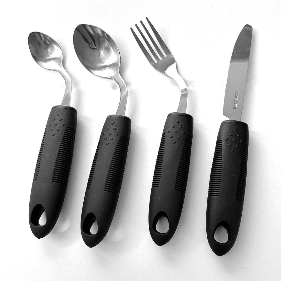 Weighted Adaptive Utensils, 4Pcs Weighted Utensils for Hand Tremors, 45°Angled Parkinsons Utensils for Elderly, 3.5oz Weighted Built Up Utensils for Adults, Disabled, Parkinson - Black - Size Right-Handed