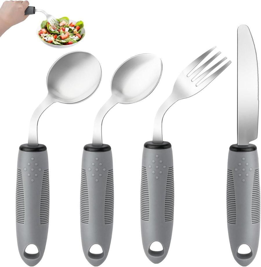 Weighted Adaptive Utensils, 4Pcs Weighted Utensils for Hand Tremors, 45°Angled Parkinsons Utensils for Elderly, 3.5oz Weighted Built Up Utensils for Adults, Disabled, Parkinson - Gray - Size Left-Handed