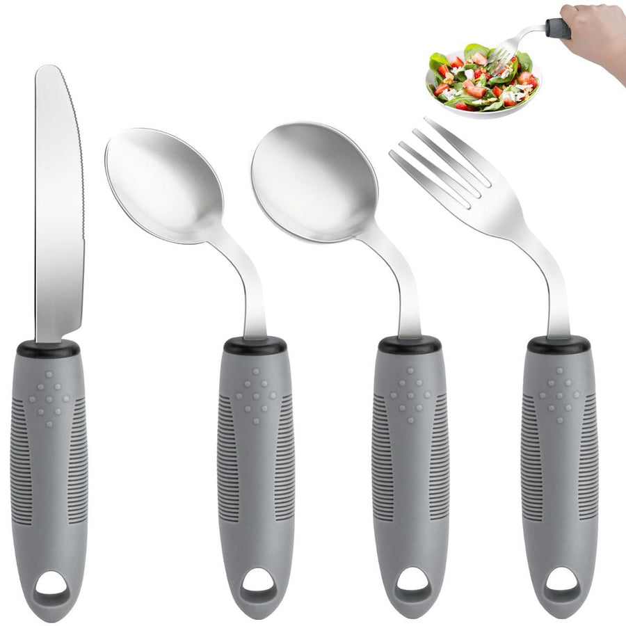 Weighted Adaptive Utensils, 4Pcs Weighted Utensils for Hand Tremors, 45°Angled Parkinsons Utensils for Elderly, 3.5oz Weighted Built Up Utensils for Adults, Disabled, Parkinson - Gray - Size Right-Handed