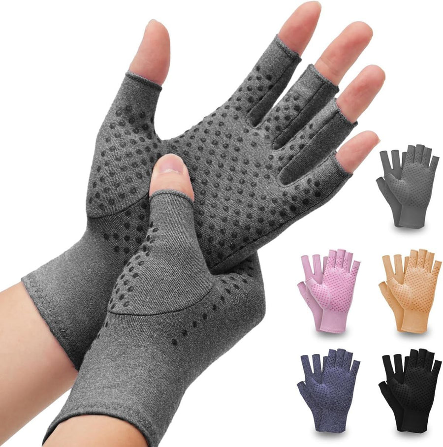 2-Pair Arthritis Compression Gloves- for Hand Arthritis, Carpal Tunnel Pain, Rheumatoid Arthritis, RSI, Fingerless, Anti-Slip, Breathable Gloves for Men & Women, Typing, Daily Use - Gray - Size XL