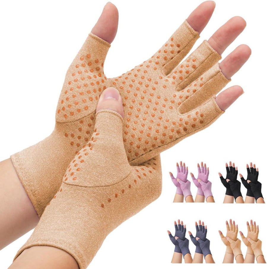 2-Pair Arthritis Compression Gloves- for Hand Arthritis, Carpal Tunnel Pain, Rheumatoid Arthritis, RSI, Fingerless, Anti-Slip, Breathable Gloves for Men & Women, Typing, Daily Use - Light Brown - Size M