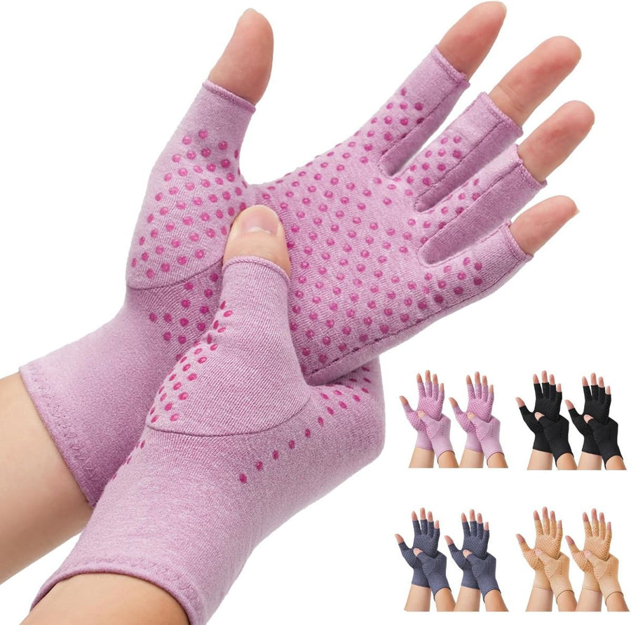 2-Pair Arthritis Compression Gloves- for Hand Arthritis, Carpal Tunnel Pain, Rheumatoid Arthritis, RSI, Fingerless, Anti-Slip, Breathable Gloves for Men & Women, Typing, Daily Use - Pink - Size M