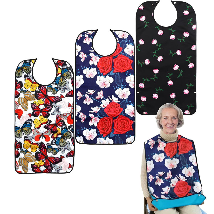 3 Pack Adult Bibs for Women, Reusable Adult Bibs for Eating with Optional Crumb Catcher, Waterproof Washable Dining Clothing Protector, Gifts for Women/Mom