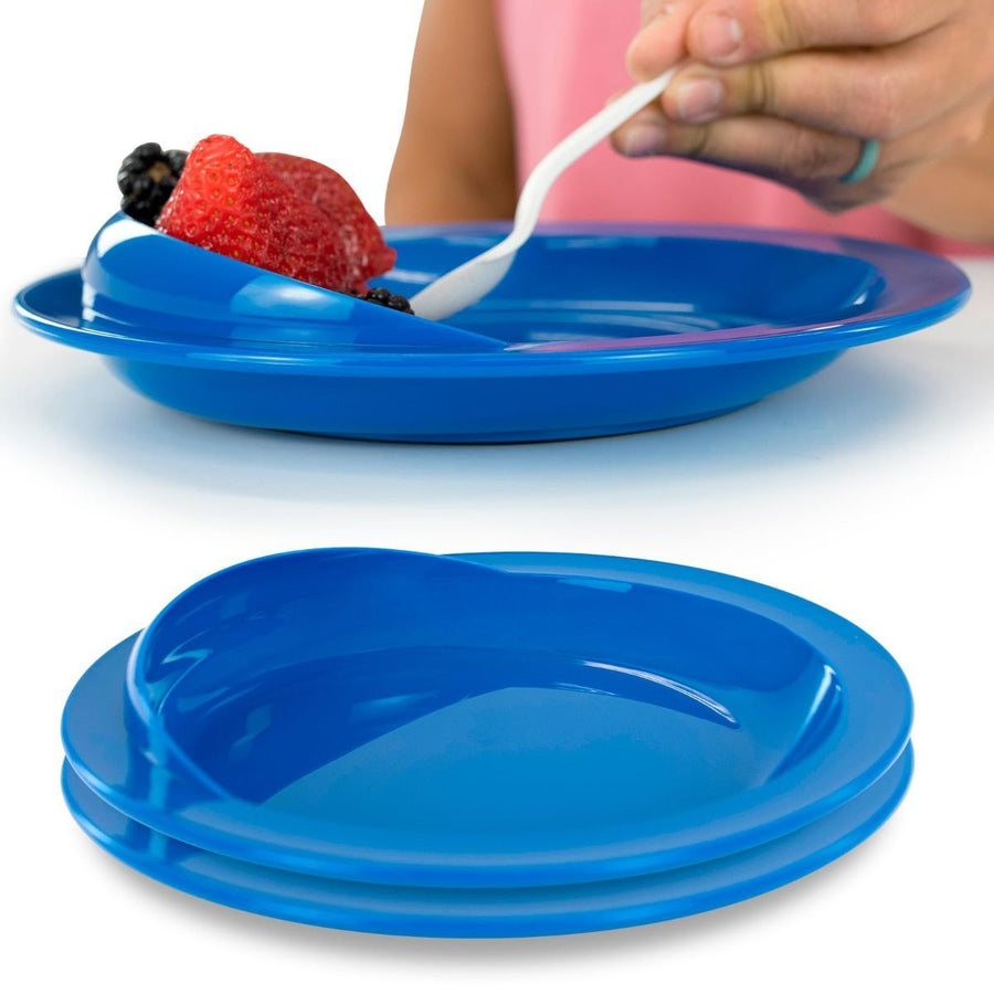 Spill-Proof Scoop Plate, 9" - Dish with Wall for Disabled, Handicapped, Elderly Adults with Special Needs from Parkinsons, Dementia, Stroke, Tremors with - Non Skid Padded Bottom - Blue / 2 Pack