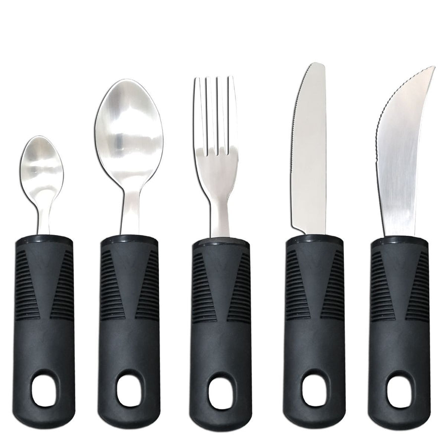 Adaptive Utensils, Weighted Utensils for Hand Tremors, Utensils for Parkinsons Patients,Elderly,Arthritis,Weak Hand Grip,Tremors & Handicapped. Stainless Steel Knife,Fork and Spoons Set - Black - Size 5pcs