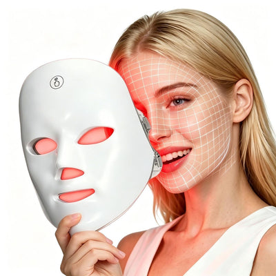 Red Light Mask for Face, 7 Color Red Light Facial Masks, At-Home Facial Care Device, Portable, Cordless, and Rechargeable - White - Size 230mm
