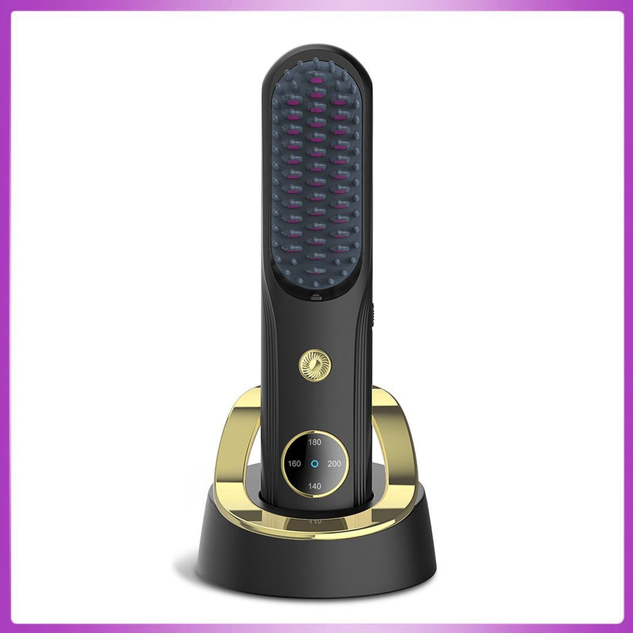 Cordless Hair Straightener Brush, Portable Mini Ionic Hair Straightener with Titanium Plates, USB Rechargeable Travel Straightening Comb for Short, Wavy Hair, Bangs & Quick Touch Ups - Black - Size 205mm