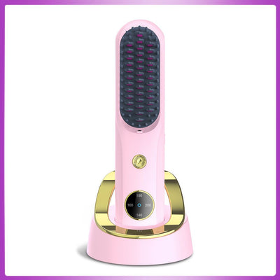 Cordless Hair Straightener Brush, Portable Mini Ionic Hair Straightener with Titanium Plates, USB Rechargeable Travel Straightening Comb for Short, Wavy Hair, Bangs & Quick Touch Ups - Pink - Size 205mm