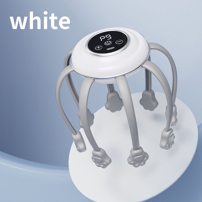 Smart Octopus Head Massager – 9 Modes, 360° Coverage, Wireless & Portable for Deep Relaxation - White