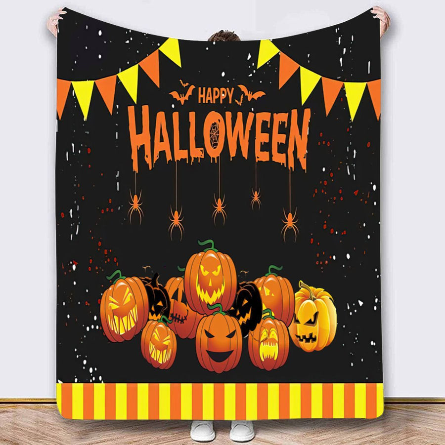 Halloween Throw Blanket Cozy Microfiber Blanket Soft Flannel Throw Festive Home Pumpkin Holiday - Orange-Black - Size 100cm*130cm