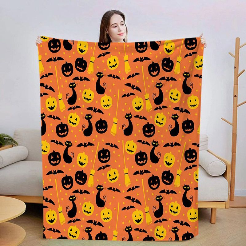 Halloween Throw Blanket Cozy Microfiber Blanket Soft Flannel Throw Festive Home Pumpkin Cat and bat - Orange - Size 130cm*150cm
