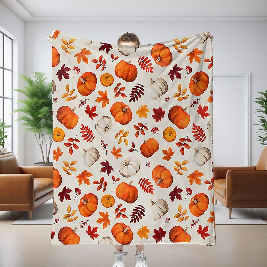 Halloween Throw Blanket Cozy Microfiber Blanket Soft Flannel Throw Festive Home Pumpkin Leaves - White - Size 100cm*150cm