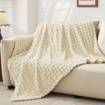 Updated Grey Throw Blanket for Couch and Bed- Super Soft and Warm 3D Checkered Fluffy Fuzzy Fleece Blanket, Luxurious Plush Cozy Blanket for Room Decor Spring - Beige - Size 180cm*200cm