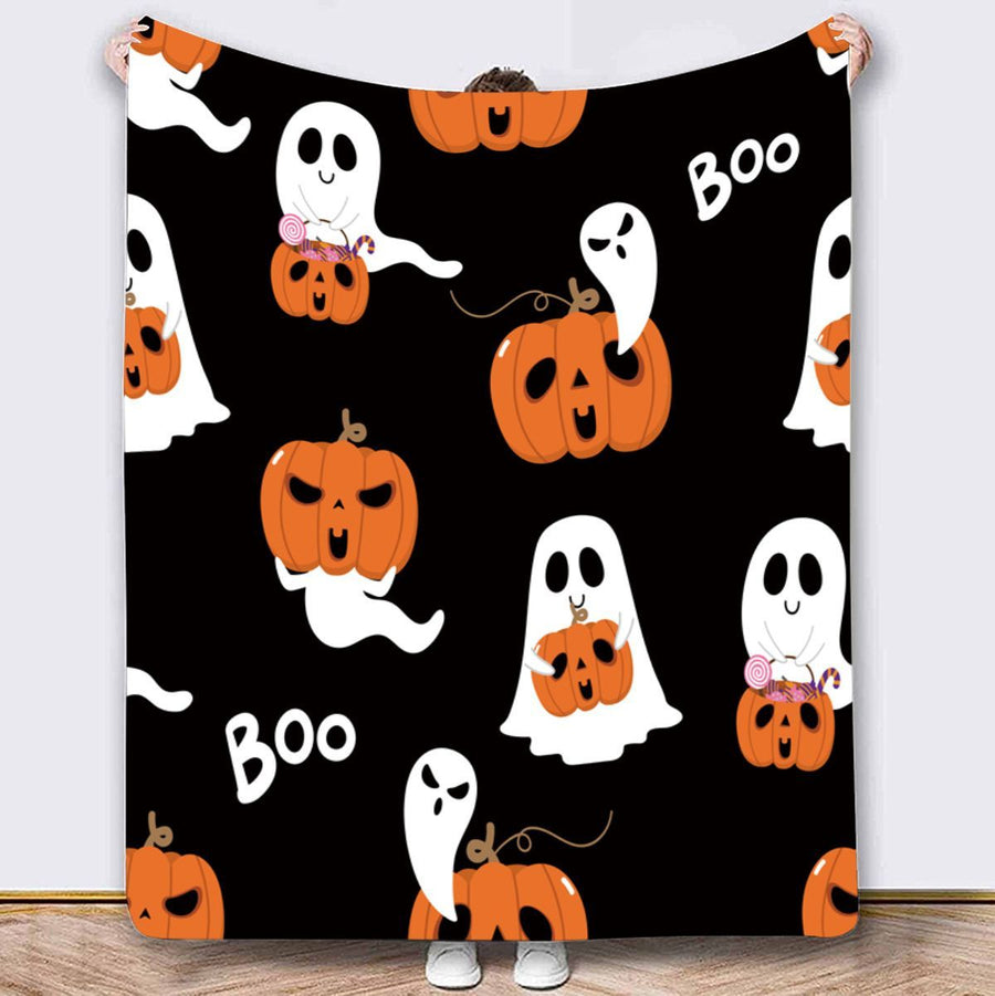 Halloween Throw Blanket Cozy Microfiber Blanket Soft Flannel Throw Festive Home Pumpkin GhostA - Black1 - Size 150cm*180cm