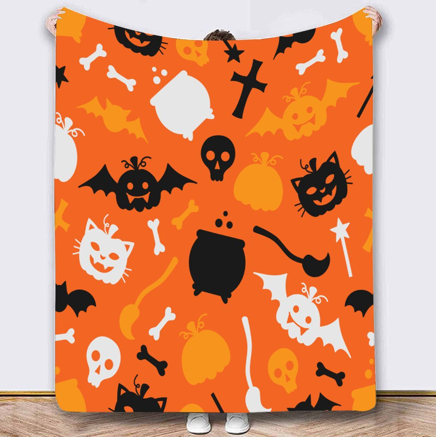 Halloween Throw Blanket Cozy Microfiber Blanket Soft Flannel Throw Festive Home Pumpkin Bat - Orange - Size 180cm*200cm