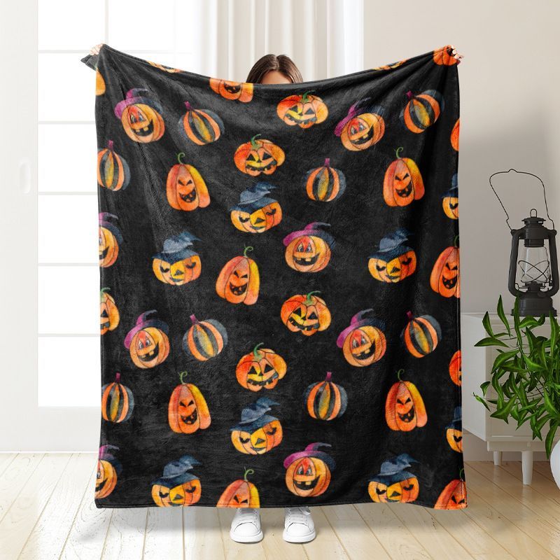 Halloween Throw Blanket Cozy Microfiber Blanket Soft Flannel Throw Festive Home Pumpkin - Black - Size 100cm*130cm