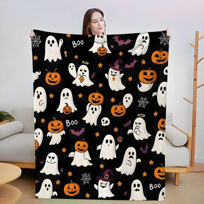 Halloween Throw Blanket Cozy Microfiber Blanket Soft Flannel Throw Festive Home Pumpkin Ghost - Black - Size 100cm*130cm