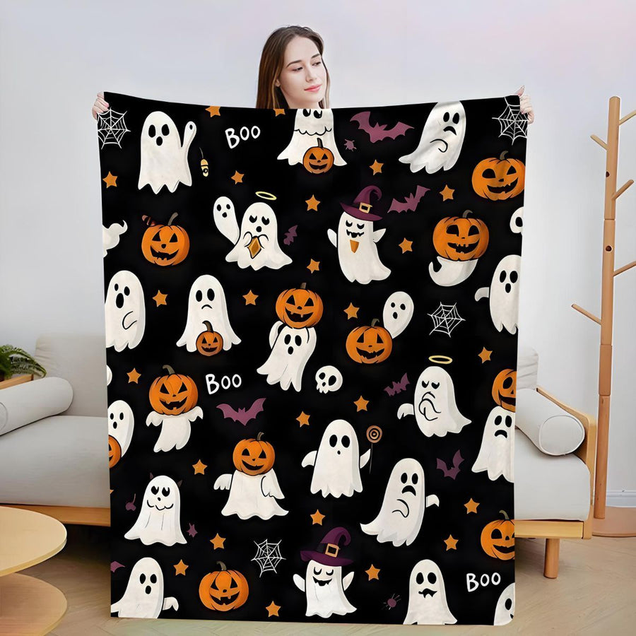 Halloween Throw Blanket Cozy Microfiber Blanket Soft Flannel Throw Festive Home Pumpkin Ghost - Black - Size 180cm*200cm