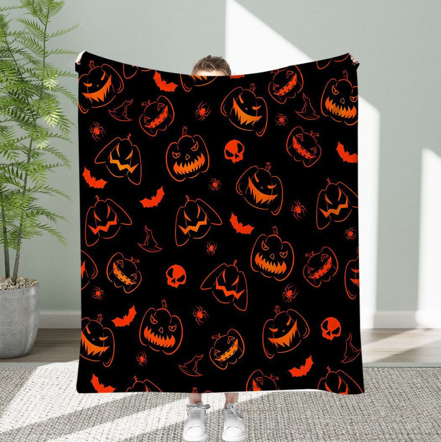 Halloween Throw Blanket Cozy Microfiber Blanket Soft Flannel Throw Festive Home Pumpkin Spider and bat - Black - Size 100cm*130cm