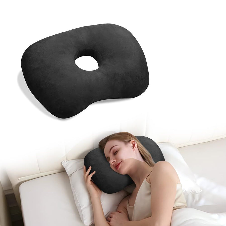 Ear Piercing Hole Pillows Side Sleeper Pillow with an Ear Hole for CNH Side Sleepers and Ear Inflammation Pressure Sores, Adjustable Cotton and Polyester Curved Side Pillow - Black - Size 44cm*32cm