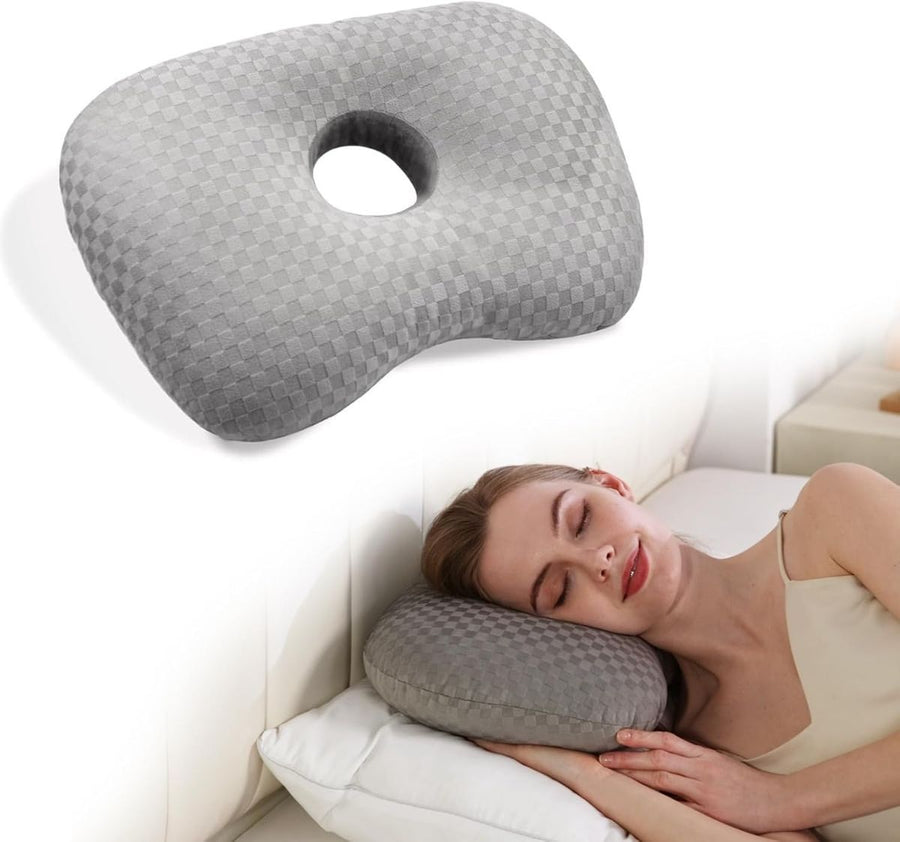 Ear Piercing Hole Pillows Side Sleeper Pillow with an Ear Hole for CNH Side Sleepers and Ear Inflammation Pressure Sores, Adjustable Cotton and Polyester Curved Side Pillow - Gray - Size 44cm*32cm