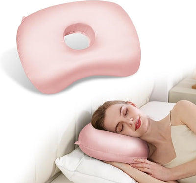 Ear Piercing Hole Pillows Side Sleeper Pillow with an Ear Hole for CNH Side Sleepers and Ear Inflammation Pressure Sores, Adjustable Cotton and Polyester Curved Side Pillow - Pink - Size 44cm*32cm
