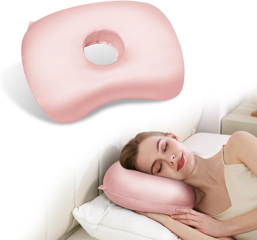 Ear Piercing Hole Pillows Side Sleeper Pillow with an Ear Hole for CNH Side Sleepers and Ear Inflammation Pressure Sores, Adjustable Cotton and Polyester Curved Side Pillow - Pink - Size 44cm*32cm