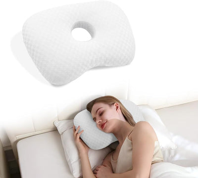 Ear Piercing Hole Pillows Side Sleeper Pillow with an Ear Hole for CNH Side Sleepers and Ear Inflammation Pressure Sores, Adjustable Cotton and Polyester Curved Side Pillow - White - Size 44cm*32cm
