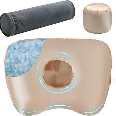 Piercing Pillow - Ear Piercing Pillow With Foam Plug, Adjust Shredded Memory Foam Picrcing Pillow For Side Sleepers, Donut Piliow For Ear With 4.5x4.5''Hole, Ergonomic Curved Design, Satin Champagne | Ear Piercing Pillow For Side Sleepers, Donut Piliow Fo