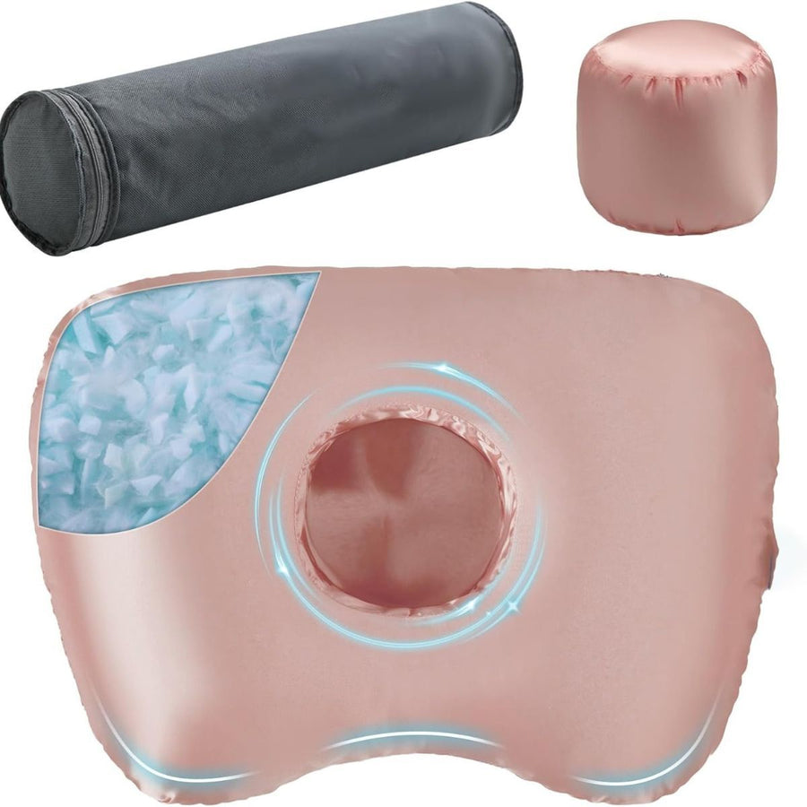 Piercing Pillow - Ear Piercing Pillow With Foam Plug, Adjust Shredded Memory Foam Picrcing Pillow For Side Sleepers, Donut Piliow For Ear With 4.5x4.5''Hole, Ergonomic Curved Design, Satin Pink | Ear Piercing Pillow For Side Sleepers, Donut Piliow For Ear