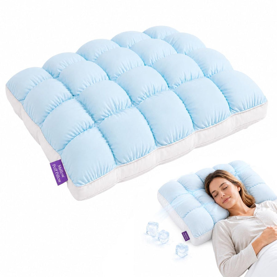 Mellow Puff Cooling Pillow for Sleeping, Fluffy Cloud Pillow with Ice-Silk Touch, Breathable Quilted Grid Design, for Side and Back Sleepers, Machine Washable - Blue - Size 26in*20in