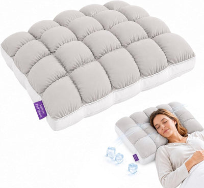 Mellow Puff Cooling Pillow for Sleeping, Fluffy Cloud Pillow with Ice-Silk Touch, Breathable Quilted Grid Design, for Side and Back Sleepers, Machine Washable - Gray - Size 26in*20in