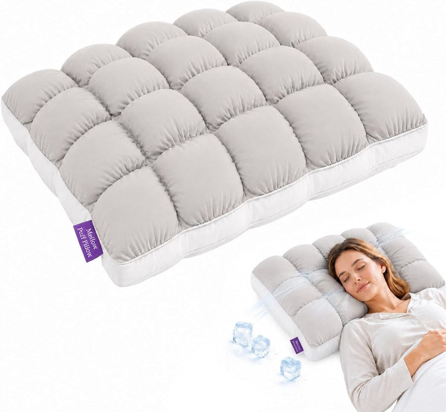 Mellow Puff Cooling Pillow for Sleeping, Fluffy Cloud Pillow with Ice-Silk Touch, Breathable Quilted Grid Design, for Side and Back Sleepers, Machine Washable - Gray - Size 26in*20in