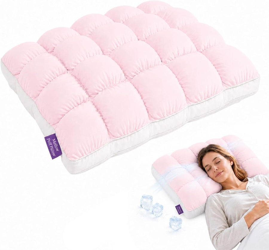Mellow Puff Cooling Pillow for Sleeping, Fluffy Cloud Pillow with Ice-Silk Touch, Breathable Quilted Grid Design, for Side and Back Sleepers, Machine Washable - Pink - Size 26in*20in