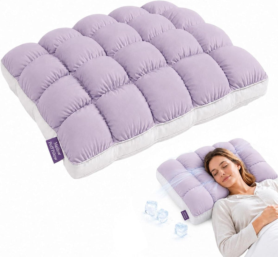 Mellow Puff Cooling Pillow for Sleeping, Fluffy Cloud Pillow with Ice-Silk Touch, Breathable Quilted Grid Design, for Side and Back Sleepers, Machine Washable - Purple - Size 26in*20in