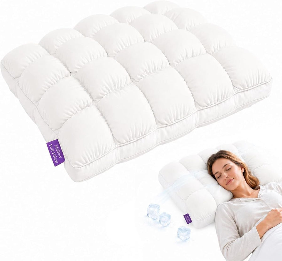 Mellow Puff Cooling Pillow for Sleeping, Fluffy Cloud Pillow with Ice-Silk Touch, Breathable Quilted Grid Design, for Side and Back Sleepers, Machine Washable - White - Size 26in*20in