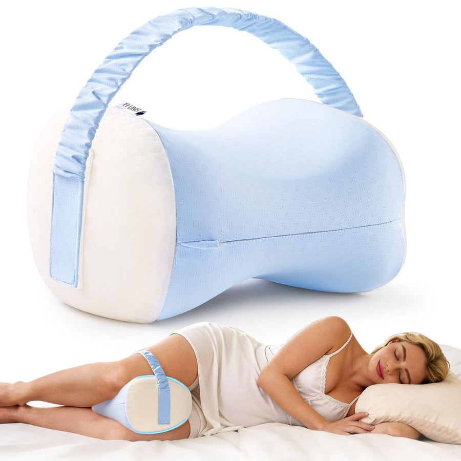 Knee Pillow for Side Sleepers, Memory Foam Leg Pillow with Adjustable & Detachable Strap, Ergonomic Support for Back, Hip, Knee, Sciatica Pain Relief - Blue - Size 30cm*21cm