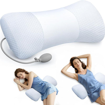 Inflatable Lumbar Support Pillow for Bed with Customized Lower Back Pain Relief & Support, Memory Foam Back Support for Side & Back Sleeping, Bed Pillow for Driving, Resting, Breathable Cover