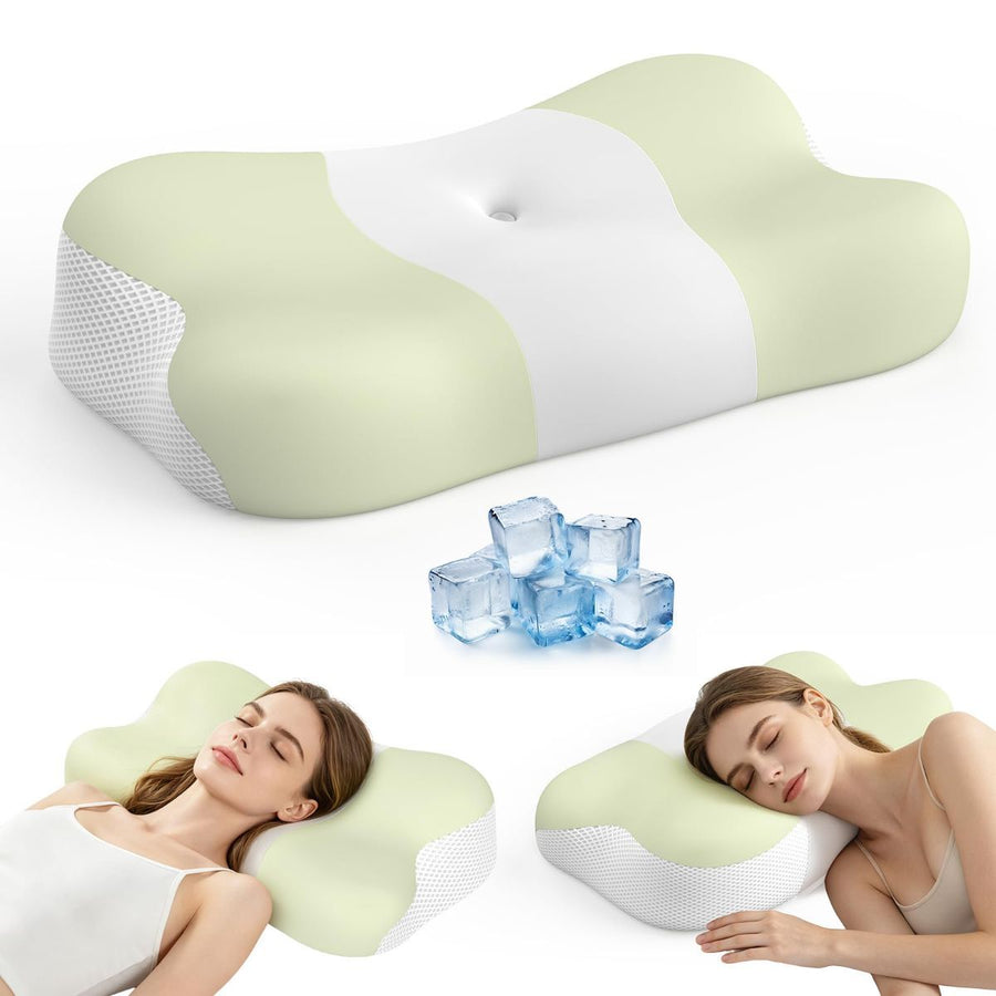 Memory Foam Cervical Pillow, Neck Comfort Support,Ergonomic High-Low Contour Neck Pillow, Supportive Sleeping Pillow for Side, Back, Stomach Sleepers, Removable Washable Cover(Green)