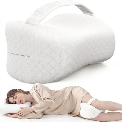 Knee Pillow for Side Sleepers, Supportive Memory Foam Leg Pillow for Side Sleeping with Elastic Strap, Heart-Shape Pillow Between Legs for Pain Relief on Sciatica, Hip Joints - White - Size 10.6in*11in