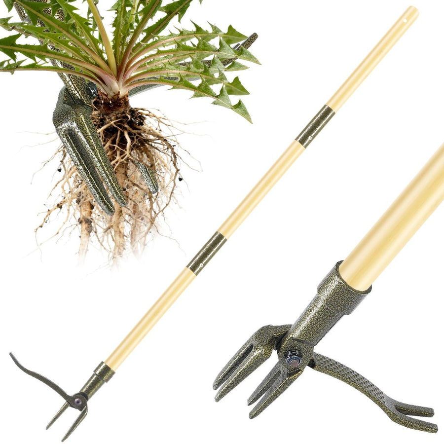 Weed Puller Tool, Stand Up Heavy Duty Weed Remover Tool with Long Handle – 4-Claw Steel Head Weeder for Dandelions, Bamboo Garden Hand Weeding Tool, No Kneeling for Easy Root Removal