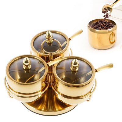 Stainless Steel Sugar Bowl Set, Rotatable 3 Flavour Seasoning Jar with Visible Glass Lid and Spoon, Condiment Pots Seasoning Box, Seasoning Dispenser, Reusable Spice Container for Kitchens