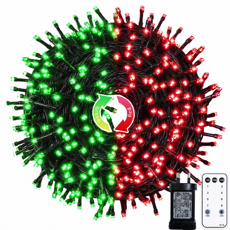 LED White Christmas Lights Outdoor, String Lights Plug in | Extendable, 8 Modes Christmas Tree Light, Timer, Durable, for Room Garden Patio Porch Wedding Christmas Halloween Decoration - Red & Green - Size 100m 1000-LED Light String with 3m Extension Cabl