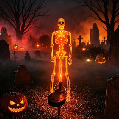 Solar Skeleton Lamp Yard Stake Halloween Decorations Garden Light, 28'' Glow Bones Figurine LED Lamp, 3D Creepy Waterproof Realistic Skull for Outdoor Grave Lawn Patio Party Fall Decor - Orange - Size 1 Pack